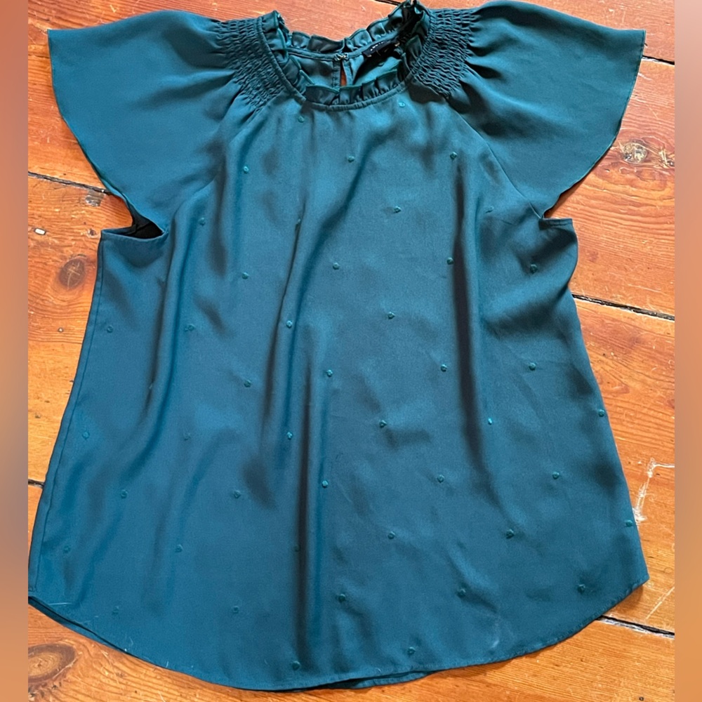 Ann Taylor smocked butterfly sleeve forest green blouse, large